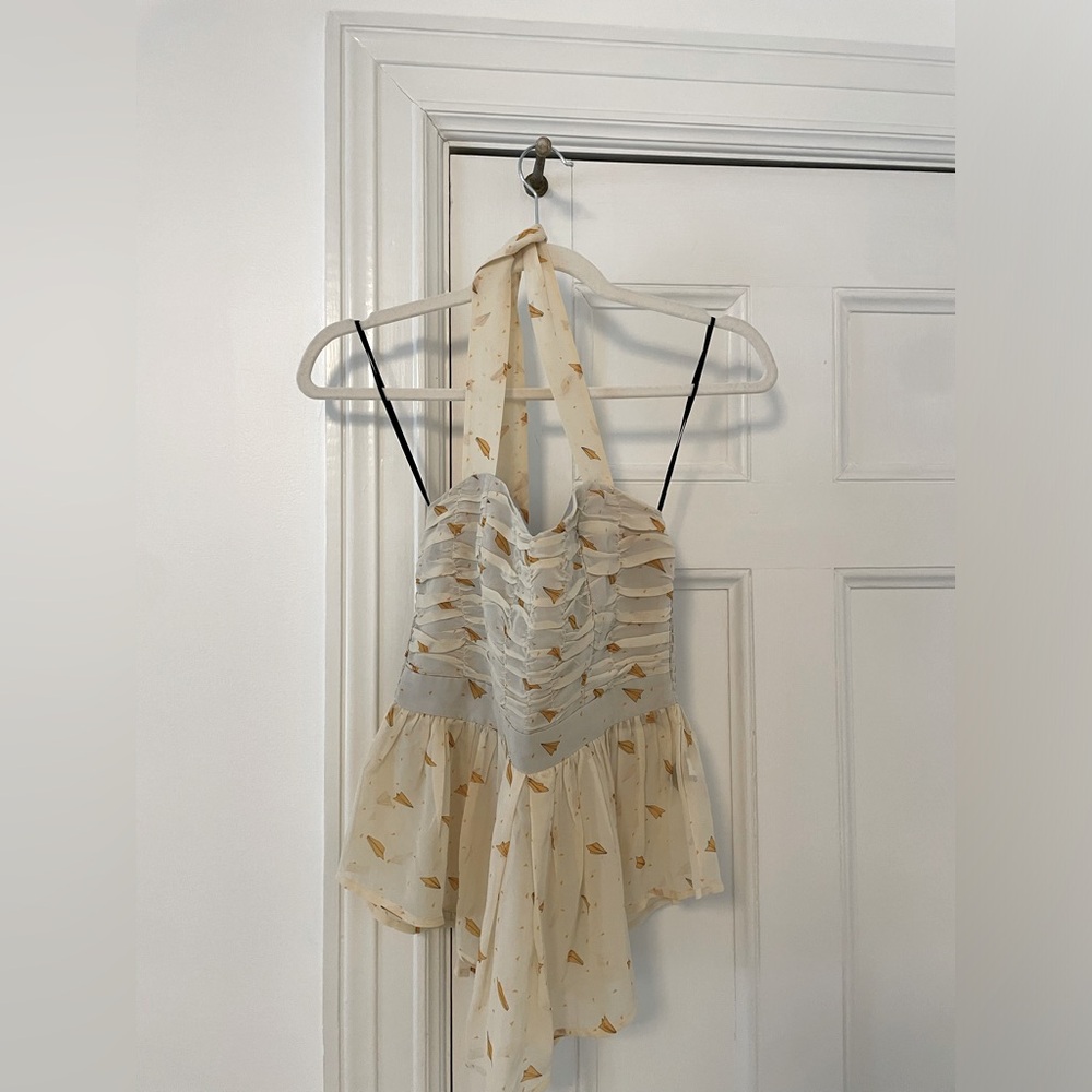 Hype Cream Sheer Halter Peplum Top Paper Airplane Print Size S